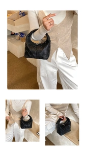 Three-angle view of a black woven leather dumpling bag styled with an elegant casual outfit