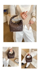 Detailed view of dark brown woven handbag featuring premium Intrecciato cross-weave texture