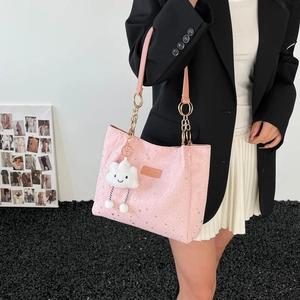 Pink canvas tote bag with star print and plush cloud charm for women's daily commute