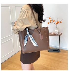 Deep brown large capacity faux leather tote bag featuring a decorative printed scarf