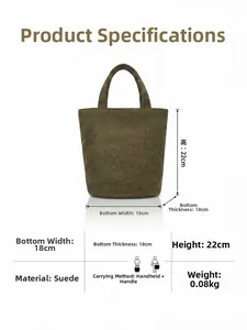 Detailed dimension guide for the green suede bucket bag showing height and width