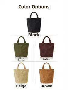 Color options of suede tote bag in black, olive green, coffee, beige and brown