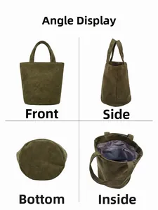 Olive green velvet bucket bag with round bottom and interior zipper pocket details