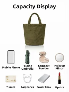 Olive green faux suede tote bag capacity display showing daily items storage space