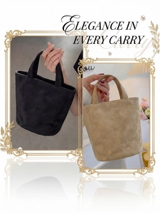 Detail of minimalist bucket bags in black and beige suede texture for daily use