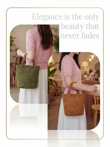 Close-up of minimalist suede tote bags in olive green and caramel brown for women