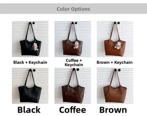 Detailed grid view of faux leather tote bags in black, coffee, and brown with bear charms