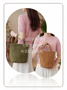 Artistic layout showing dark green and camel suede tote bags in minimalist design