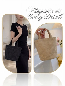 Detail of minimalist suede tote bag in black and beige with integrated handles