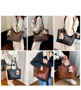 Collage of high-capacity vintage tote bags in brown and black leather on models