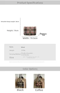 Detail view of plaid crossbody bag dimensions 19.5x7x14cm with metal S hardware