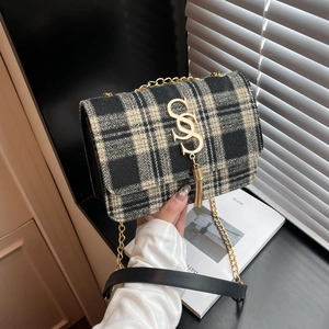 Retro Plaid Woolen Tweed Crossbody Bag For Women Gold Chain Strap Metal Tassel Vintage Elegant Square Shoulder Handbag