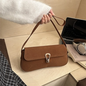 Brown suede baguette shoulder bag with silver U-shaped metal buckle for daily commute