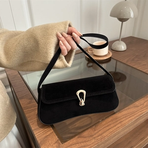 Women Baguette Shoulder Bag Matte Suede Faux Leather Underarm Purse Gold Horseshoe Buckle Retro Minimalist