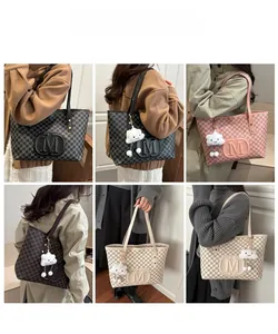 Collage of multi-color monogram tote bags with plush cloud charms on models
