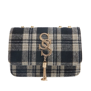 Sac bandoulière à carreaux noirs et blancs avec boucle en S dorée et franges