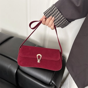 Retro burgundy suede baguette underarm bag with elegant gold buckle for women