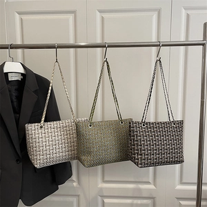 Fashion woven tote bags with chain straps in cream, green, and dark brown colors