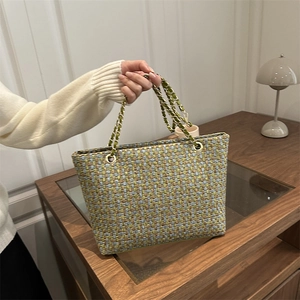 Women Tweed Woven Handbag Large Capacity Metal Chain Shoulder Bag Minimalist Commuter Tote