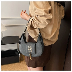Grey half-moon shoulder bag with gold S-link hardware and tassel detail worn by a model