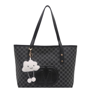 Fashionable black tote bag with letter print and a cute plush cloud charm detail