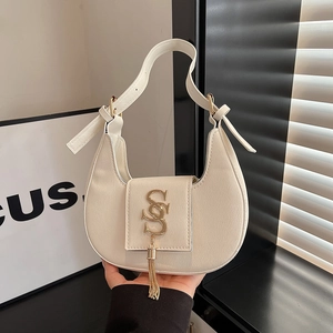 Women PU Leather Crescent Hobo Bag Underarm Shoulder Purse With Metallic S Logo And Tassel Elegant Casual Handbag