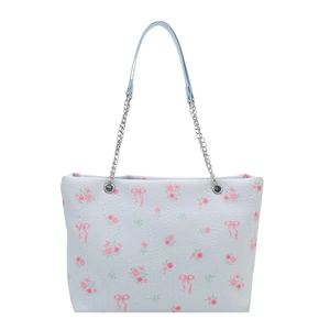 Floral print tote bag with blue background and silver metal chain strap for women
