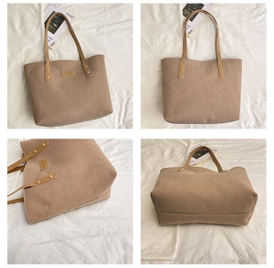 Detailed views of a large khaki corduroy tote bag showing various angles and textures