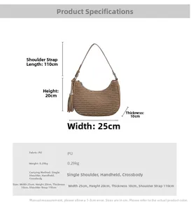 Detailed size chart for brown woven leather crescent bag with tassel and zipper