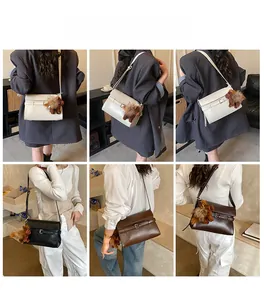 Detailed views of crossbody bags in black, white, and brown with horse charm