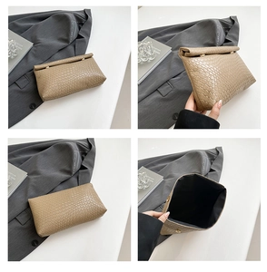 Detailed four-angle view showing woven texture and internal space of beige crossbody bag