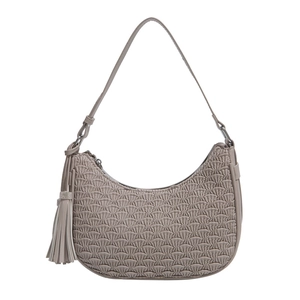 Fashionable taupe pleated underarm bag with crescent shape and tassel detail