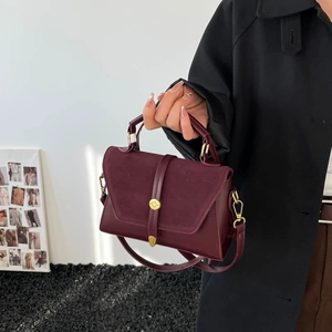 Vintage burgundy crossbody bag in matte faux suede and leather finish with gold hardware