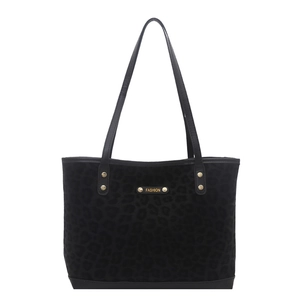 Vintage leopard print tote bag in black suede with gold fashion plaque and long shoulder straps