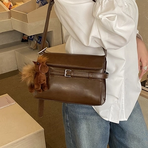 Vintage PU Leather Shoulder Bag With Horse Plush Pendant Buckle Flap Crossbody Purse For Women Daily Casual