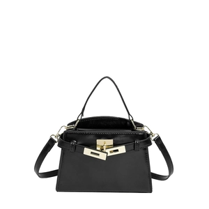 Classic black trapezoid leather handbag with gold metal lock and single top handle