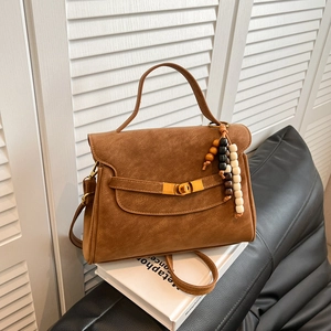 Vintage Matte Suede Square Handbag Women Crossbody Bag Metal Lock With Wooden Bead Charm Commuting Shoulder Bag