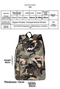 Size information and capacity guide for camouflage nylon backpack with dimensions and layout