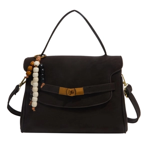 Retro matte square handbag in dark coffee with gold metal twist lock and beaded charm
