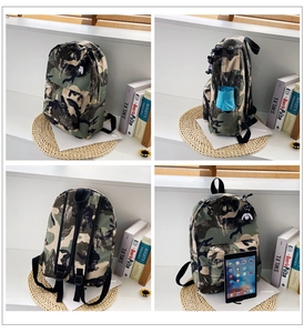 Multi-angle views of camo nylon backpack with main compartment and side pockets