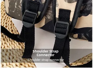 Detail of adjustable nylon shoulder strap and buckle on camouflage backpack
