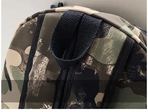 Close-up of the durable camouflage nylon backpack featuring a reinforced black handle