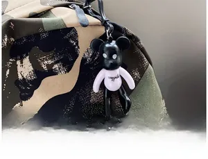 Close-up of a black and purple cartoon bear keychain hanging on a camo nylon backpack