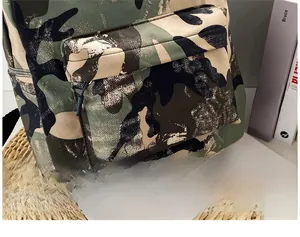 Detailed close-up of the front zipper pocket on a durable camo nylon backpack