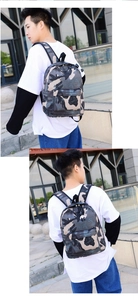Detail view of water-resistant camo backpack with durable nylon fabric and zipper pockets