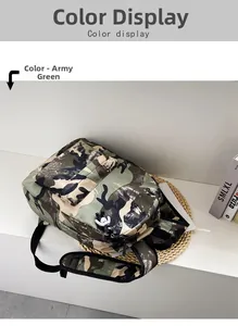 Detail of army green camouflage nylon backpack with bear charm and durable straps