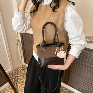 Vintage Bucket Bag Stitched PU Leather Faux Suede Crossbody Handbag With Plush Animal Charm Retro Casual Style For Women