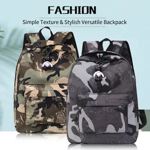 Unisex camouflage nylon backpack with bear keychain in green and grey camo prints