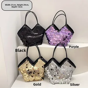 Sequin tote bag size details 21x29x13cm in black purple gold and silver colors
