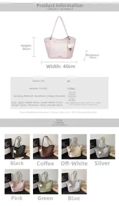 Detailed size chart and dimensions for the large capacity PU leather tote bag with charm
